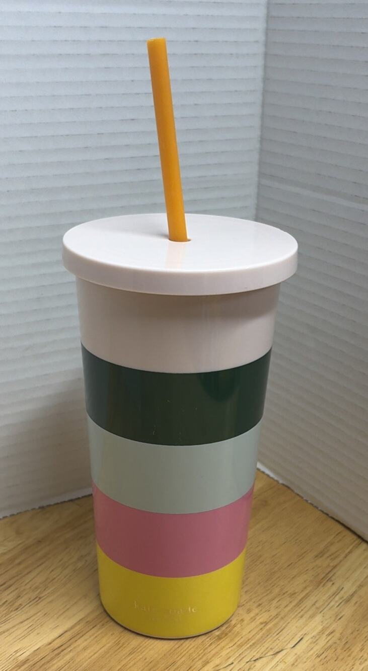 Kate Spade New York Plastic Reusable Cup Tumbler Multicolor Stripes, Flex Straw
